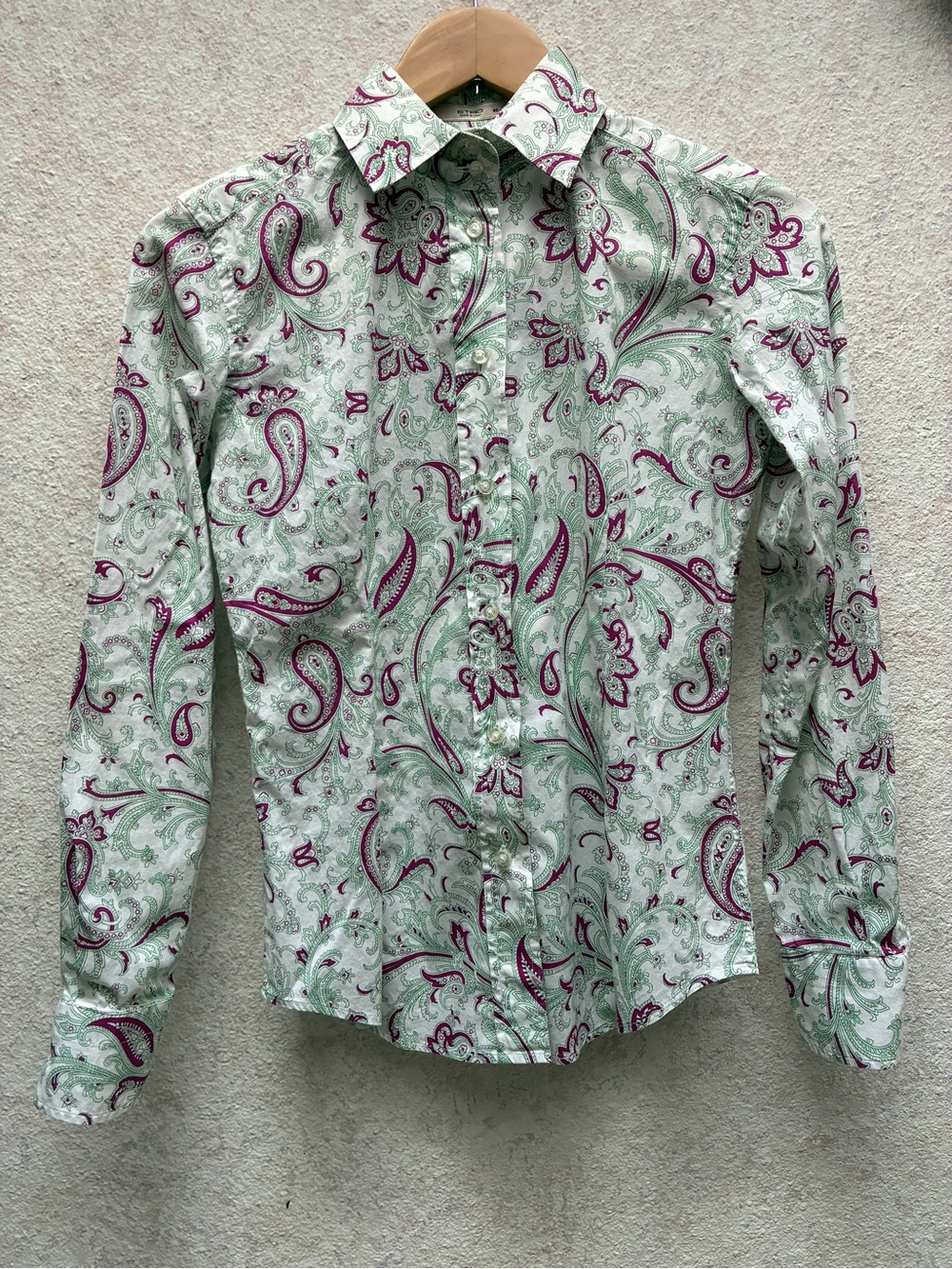 ETRO woman’s 40 Paisley Print Long-Sleeve Shirt in Light Green and Magenta